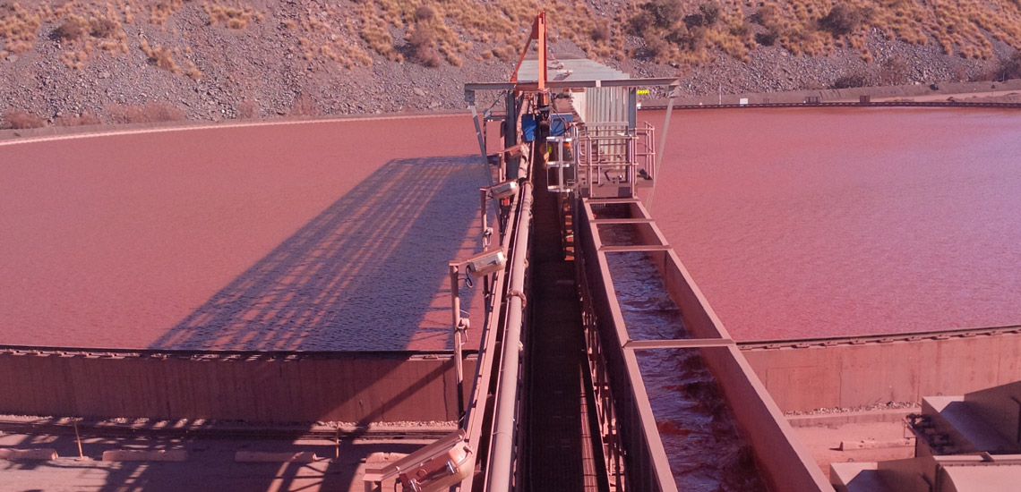 Iron ore tailings large diameter conventional thickener showing feed launder in South Africa